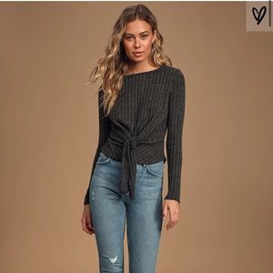 Lulus Grey Ribbed Long Sleeve Tie-Front Top